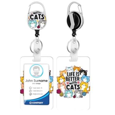 Imagem de Cordão floral de gato fofo para suporte de crachás, chaveiro retrátil, carretel de crachá fofo com clipe mosquetão de rotação de 360 graus