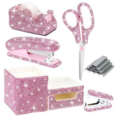 Imagem de MultiBey Conjunto de 7 peças de acessórios de mesa de strass rosa, kit de papelaria de escritório de cristal com grampeador, dispensador de fita, tesoura, organizador de gavetas, presente glamoroso