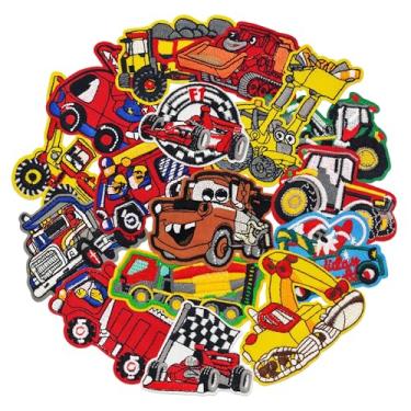 Imagem de Puideon 16 peças de adesivos para veículos de engenharia infantis, adesivos de ferro para carro, escavadeira, carro de corrida, caminhão de bombeiros, apliques bordados de carro de corrida para roupas
