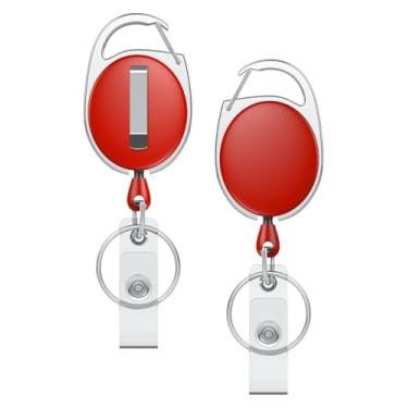 Imagem de Uniclife Pacote com 2 chaveiros retráteis, carretel de crachá retrátil, clipe resistente para chaves e cartão de identificação, extensor de chaveiro com clipe de cinto mosquetão e chaveiro, vermelho
