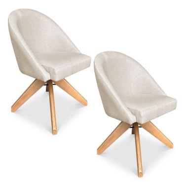 Imagem de Kit 02 Poltronas Cadeira Giratória Bela Linho Bege Base De Madeira - Pallazio