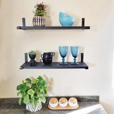 Imagem de Kit 2 Prateleiras Industriais com Mão Francesa Invertida | Nicho de Decoração Rústica para Sala, Cozinha e Quarto(Preto,60 Centimetros)
