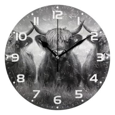 Imagem de JUZIHAI Relógio de parede Highland Cows, silencioso, redondo, sem tique-taque, operado por bateria, fácil de ler, relógio decorativo de parede para casa, cozinha, sala de estar, quarto, escritório, 25