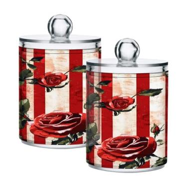 Imagem de Qilmy Pacote com 2 suportes listrados Red Roses on Qtip, frascos de boticário de 400 ml, vasilha organizadora de banheiro para cotonetes, bolas de algodão, almofadas de maquiagem, fio dental, sais de