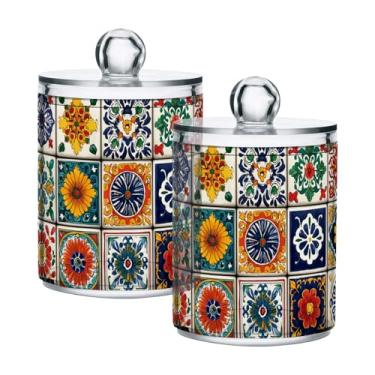 Imagem de Qilmy Pacote com 2 suportes de azulejos mexicanos, frascos de boticário de 400 ml, vasilha organizadora de banheiro para cotonetes, bolas de algodão, almofadas de maquiagem, fio dental, sais de banho