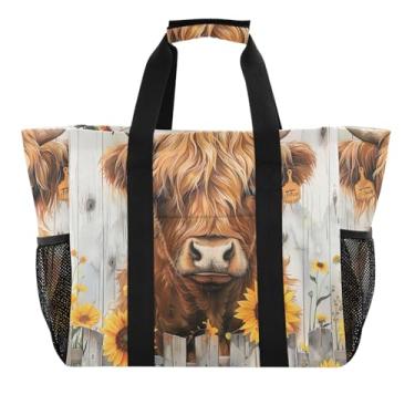 Imagem de ODAWA Bolsa esportiva portátil rústica com girassóis de vaca Highland, bolsa de praia dobrável à prova d'água, Girassóis rústicos de vaca Highland, One Size