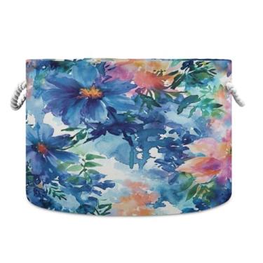 Imagem de Wassud Flores coloridas (2) cesta de armazenamento com alças cesto de lavanderia redondo caixas de armazenamento de lona cobertor armazenamento para berçário 51 x 50 x 35 cm