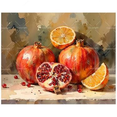 Imagem de TAOPAOLAB Kit de pintura de frutas mortas por números para adultos - Pintura DIY de romãs e laranjas em tela 40,6 x 50 cm, conjunto de tinta acrílica emoldurada, adequado para iniciantes, arte para