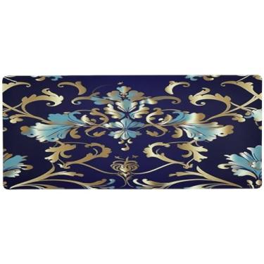 Imagem de Wassud Tapete de mouse com padrão azul dourado para jogos com base de borracha antiderrapante, mouse pad longo para teclado de computador com borda costurada, almofada grande impermeável para