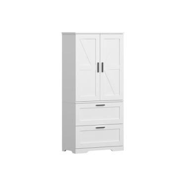 Imagem de Armazenamento de despensa de cozinha de 2 portas, armário de armazenamento de madeira sem alimentos com 2 gavetas e prateleiras ajustáveis, armazenamento versátil de fazenda moderna para cozinha, sala