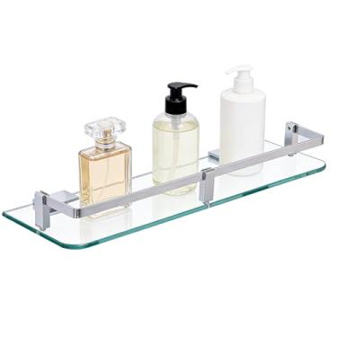 Imagem de SYLXTEEM Prateleira de vidro para banheiro, prateleiras flutuantes retangulares de vidro temperado com trilho de alumínio (40,6 cm - 1 pacote)