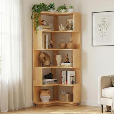 Imagem de Estante de canto de madeira com 5 níveis – Prateleiras de canto em forma de L de 165 cm de altura para economia de espaço, estante de madeira maciça com defletor para escritório em casa, sala de estar