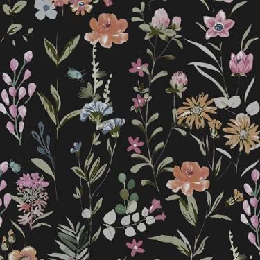 Imagem de AMIGO Papel de parede vintage descasque e cole papel de parede floral preto 43 x 38 cm, papel de contato com folha verde, vinil, impermeável, autoadesivo, boho, papel de parede botânico para decoração