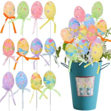 Imagem de JIE CARALL 12 palitos de espuma de ovo de Páscoa, palitos de ovos brilhantes coloridos com laço, enfeite floral, enfeite de bolo para primavera, buquê de vaso faça você mesmo, palitos de cupcake