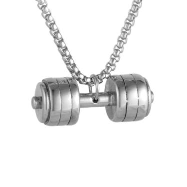 Imagem de Colar masculino com pingente de haltere hip hop punk rock, aço inoxidável 316l, corrente quadrada de pérola de aço inoxidável prata, joia talismã personalizada