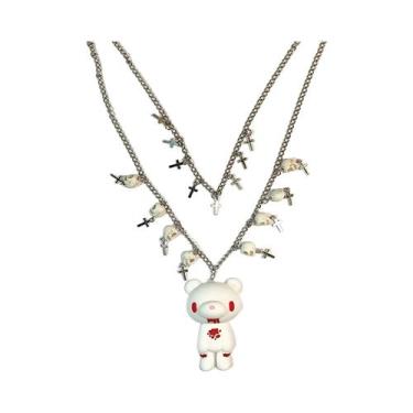Imagem de Colar Duplo Com Pingente De Caveira Cruzada Prateada E Urso Gloomy Bra