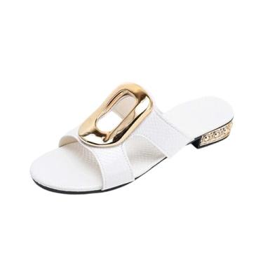 Imagem de Chinelo feminino casual primavera verão salto baixo sólido bico redondo sandálias de praia leves, Branco, 38