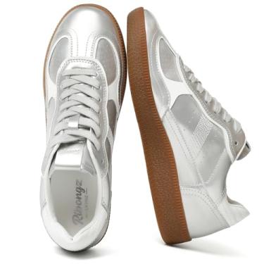 Imagem de RIBONGZ Tênis feminino casual moderno com cadarço e cano baixo clássico com sola de goma, couro, camurça, calçado elegante, Prata, 38