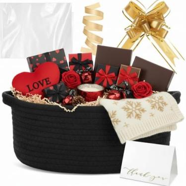 Imagem de Colingmill Cesta de tecido com sacos de presente e 2 fitas, enchimento de papel de grama ráfia, cartão de presente, cesta de corda pequena vazia para armazenamento e organizador de brinquedos (preto)