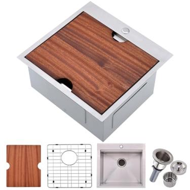 Imagem de Lavatório de barra de 53 x 50,8 cm, pia de cozinha pequena com montagem superior de tigela única de 53 cm, aço inoxidável, calibre 16, lavatório para trailer, lavanderia ao ar livre, com tábua de