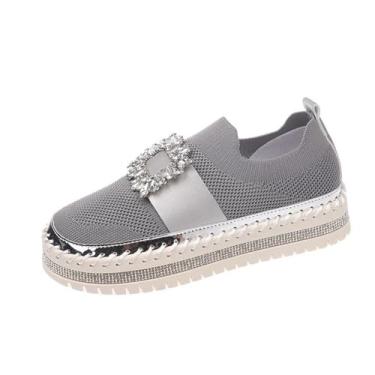 Imagem de Sapatos femininos fashion casual cor sólida strass confortável mosca malha respirável bico redondo bico fechado um pé boca rasa sapatos de fundo grosso, adequado para uso interno e externo, Cinza, 38