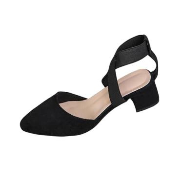 Imagem de Sandálias femininas de salto médio, bico fino, design elástico para um ajuste seguro e confortável, Preto, 38