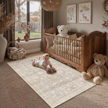 Imagem de WondRg Tapete de área neutra lavável bege 3x4 para sala de estar, floral, antiderrapante, tapete baixo, interior, vintage, tradicional, resistente a manchas, tapete envelhecido, quarto, sala de jantar