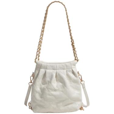 Imagem de XinYiQu Bolsa feminina fashion com alça de corrente, bolsa tiracolo de couro PU, bolsa acolchoada, Bege