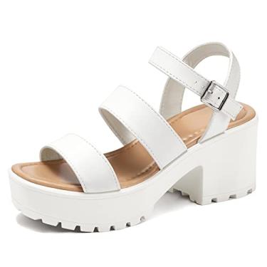 Imagem de mysoft Sandálias femininas plataforma tira no tornozelo bico aberto sola saliente 7,6 cm sandálias de salto bloco grosso, Branco, 34
