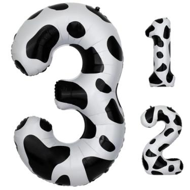 Imagem de Balões número 3 com estampa de vaca de 101 cm, balão de alumínio para festa de aniversário, decorações de festa de aniversário com tema de fazenda de vaca