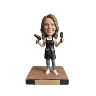 Imagem de Cabeleireiro personalizado que balança a cabeça da foto - Estatueta feminina personalizada com secador de cabelo e escova, presente esculpido em 3D para artistas e estilistas de salão