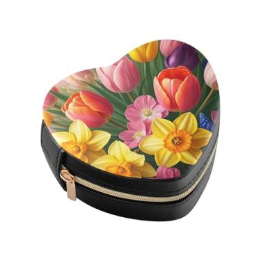 Imagem de Burbuja Caixa de joias em forma de coração com flores de primavera, mini estojo de viagem para mulheres e meninas, organizador portátil de armazenamento para brincos, anéis, colares e pulseiras