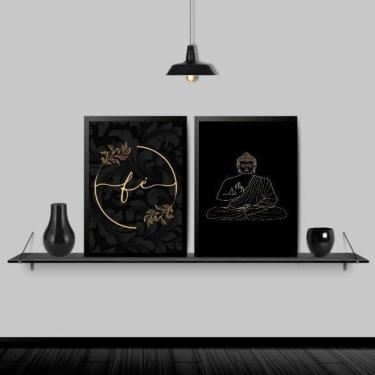Imagem de Kit 2 Quadros Buda Fé Preto Com Dourado 24X18 Moldura Preta
