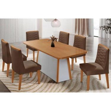 Imagem de Mesa Cozinha Tilia c/ Tampo Madeirado Canto Curvo 180x90cm e 6 Cadeiras Maldivas Madeira Maciça Naturale/Off White - Capuccino/Suede Marrom-Rufato