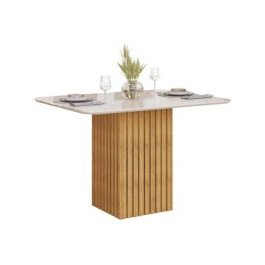 Imagem de Mesa Multiuso Cozinha Canes c/ Tampo Madeirado c/ Vidro Curvo 120x90cm Cedro/Off White - DJ Móveis