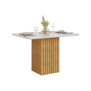 Imagem de Mesa Multiuso Cozinha Canes c/ Tampo Madeirado c/ Vidro Curvo 120x90cm Cedro/Off White - DJ Móveis