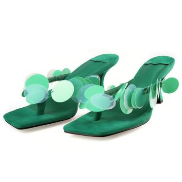 Imagem de Goolita Sandália feminina de camurça com salto gatinho com bico quadrado aberto com tiras e salto dental confortável para festa de formatura, Verde escuro, 40