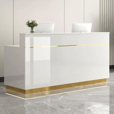 Imagem de Mesa de recepção moderna com gaveta de bloqueio, balcão de recepção elegante, estação de caixa de varejo com armário de armazenamento para escritório e lobby (branco e dourado, 60 x 45 cm)