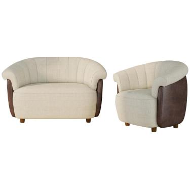 Imagem de Kit Namoradeira 2 Lugares E Poltrona Orgânica Perseu M03 Couríssimo Marrom Linho Bege - Lyam Decor
