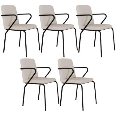 Imagem de Kit 05 Cadeiras Estofada Para Sala De Jantar Com Braço Loft Preto C01 Linho Areia - Lyam Decor