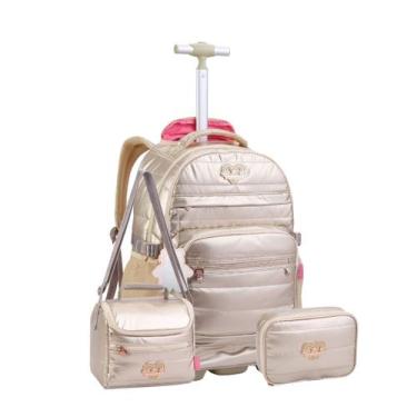 Imagem de Kit Mochila Rodas Lorena Queiroz Metalizada Lancheira Estojo Cor:Doura