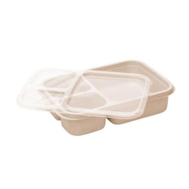 Imagem de Marmita de Bambu e PP Lines Bege com Tampa 3 Compartimentos 22,5x15cm 