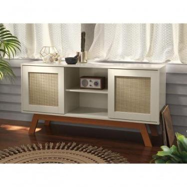 Imagem de Rack Buffet Com Duas Porta De Correr Rattan Pés Em Madeira Off White -