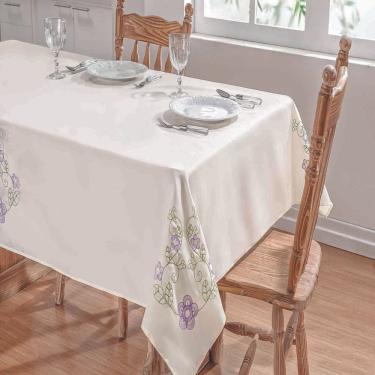 Imagem de Toalha de Mesa Retangular Dália Palha e Lilás em Tergal Verão 81% Poliéster 19% Viscose 220 X 140 1 Peça Guga Tapetes