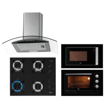 Imagem de Kit Fit Line Fischer: Forno Preto Coifa Cooktop 4B Aramado e Micro-ond