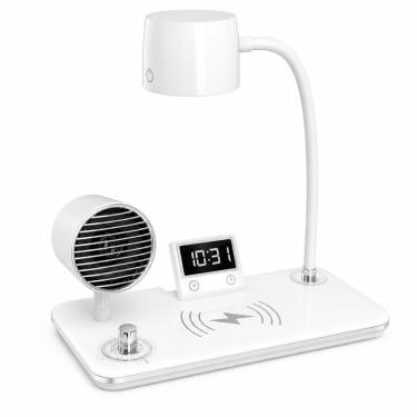 Imagem de Luminária de Mesa com Caixa de Som e Carregador sem Fio Utimix 4 em 1 Led Ajustável Bluetooth Relógio Despertador Branco