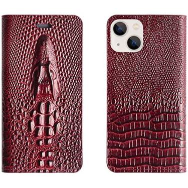 Imagem de KKFAUS Capa de telefone de concha de couro, para Apple iPhone 13 (2021) 6,1 polegadas cabeça de crocodilo em relevo folio stand case [slot para cartão] (cor: vinho vermelho)