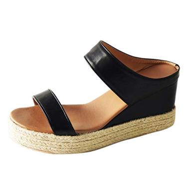 Imagem de Sandálias Sapatos de praia femininas respiráveis abertas cunhas de palha casual slip-on verão sandália alta feminina (preta, 37)