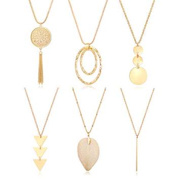 Imagem de Fesciory Conjunto de colar com pingente longo de 6 peças, barra de ouro, círculo, folha, triângulo, borla, Y, Metal