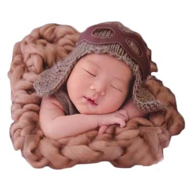 Imagem de Acessórios para fotografia de bebês recém-nascidos, chapéu de aviador, roupas para sessão de fotos, fantasia infantil de crochê, chapéus de malha marrom, Marrom, 0-8 weeks